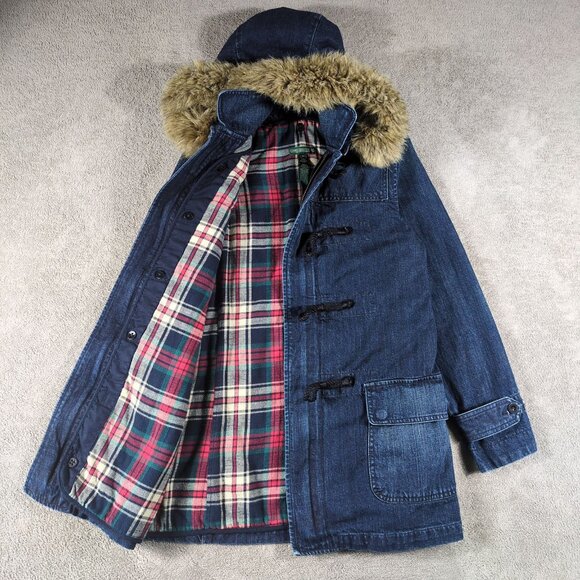 Vintage Ralph Lauren Jeans Co Women’s S Denim Toggle Coat Faux Fur Hood Plaid - Picture 2 of 16